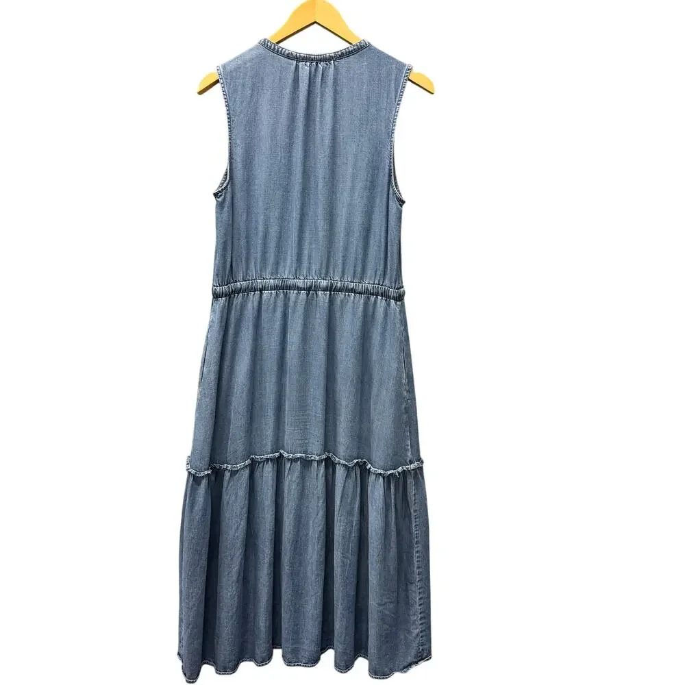Lands End Tiered Dress Blue Chambray V-Neck Coastal Midi + Pockets Womens Medium - Picture 3 of 11